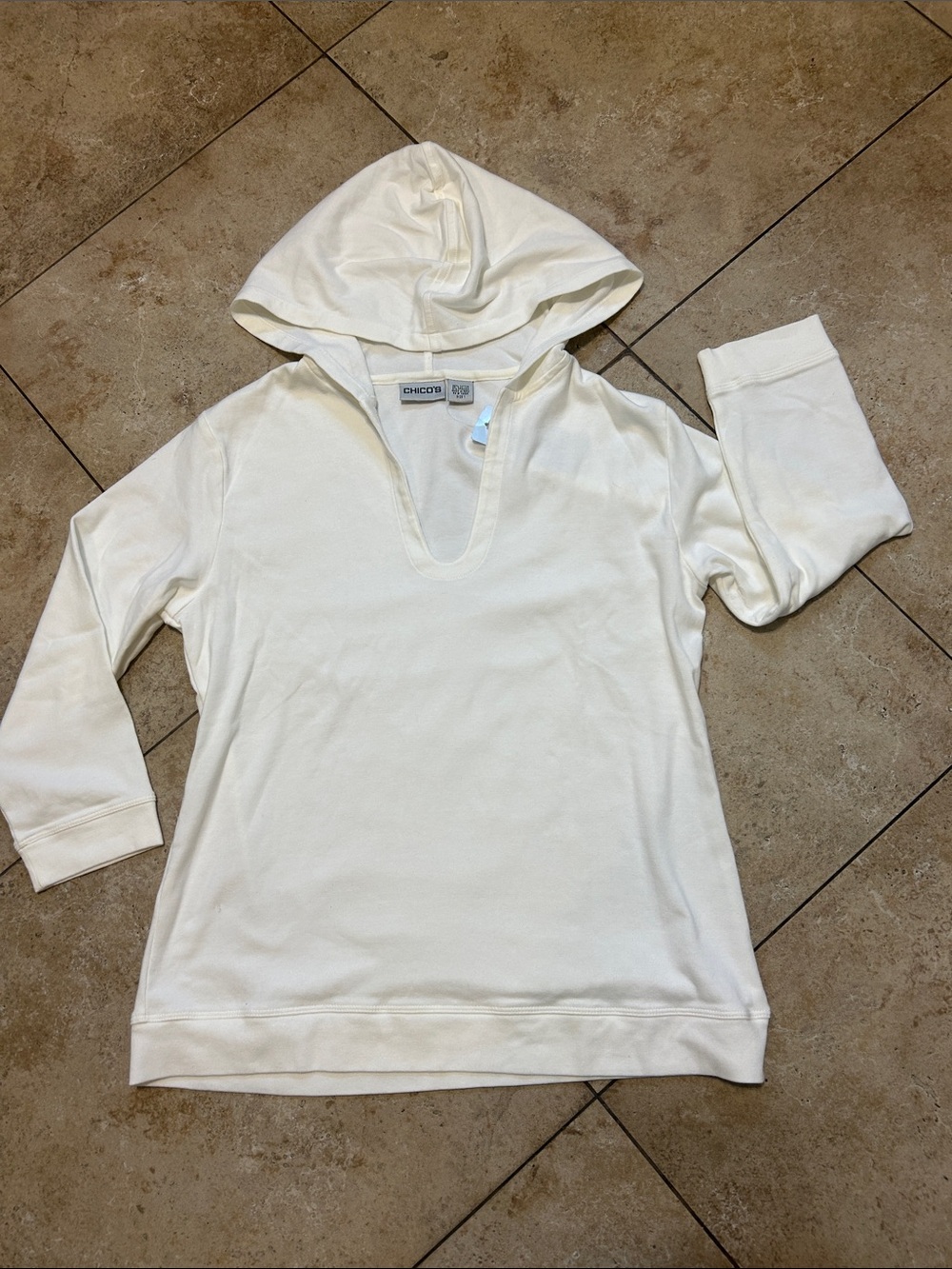Chico's optic white hooded V-Neck Tunic Sweater. NWT